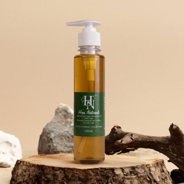 Bottle of Dandruff Ease Hair Nourishing Oil by Hira Naturals, shown with neem leaves, fenugreek, and rose petals, highlighting its herbal anti-dandruff properties.
