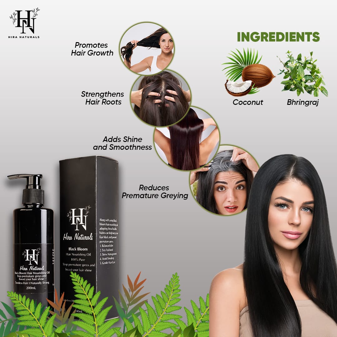 Bottle of Black Bloom Hair Nourishing Oil by Hira Naturals placed on a clean background, showcasing herbal ingredients for strengthening and shine.
