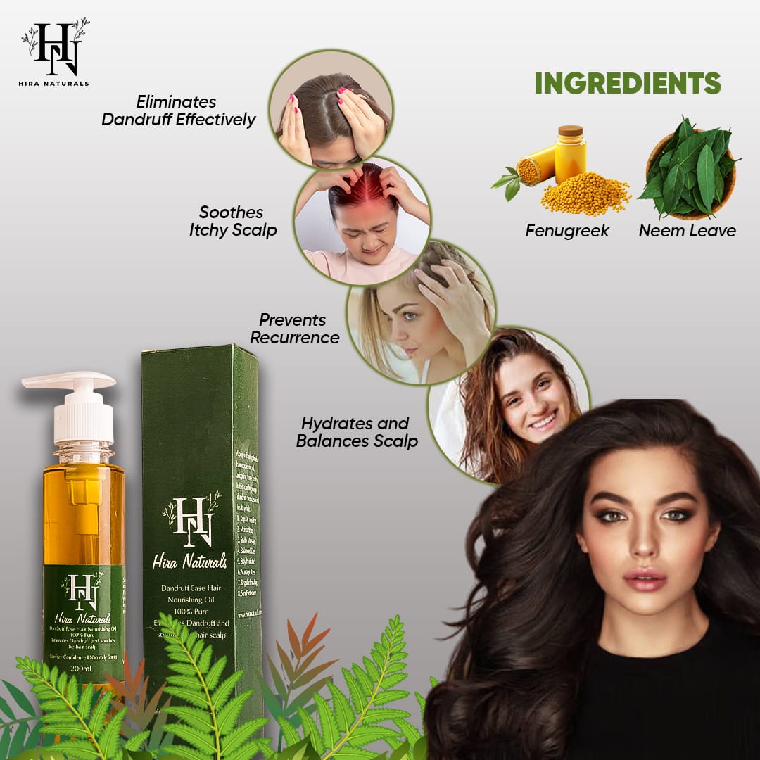 Bottle of Dandruff Ease Hair Nourishing Oil by Hira Naturals, shown with neem leaves, fenugreek, and rose petals, highlighting its herbal anti-dandruff properties.