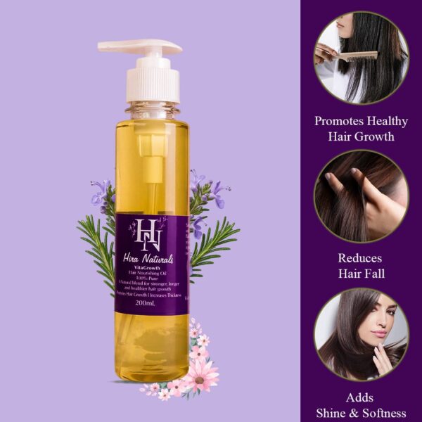 Bottle of Vitagrowth Hair Nourishing Oil by Hira Naturals, displayed with coconut, olive, blackseeds, and rosemary, highlighting its herbal hair growth benefits.