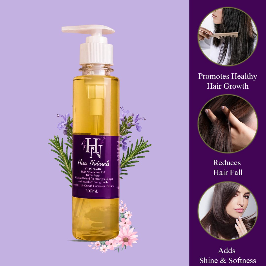 Bottle of Vitagrowth Hair Nourishing Oil by Hira Naturals, displayed with coconut, olive, blackseeds, and rosemary, highlighting its herbal hair growth benefits.