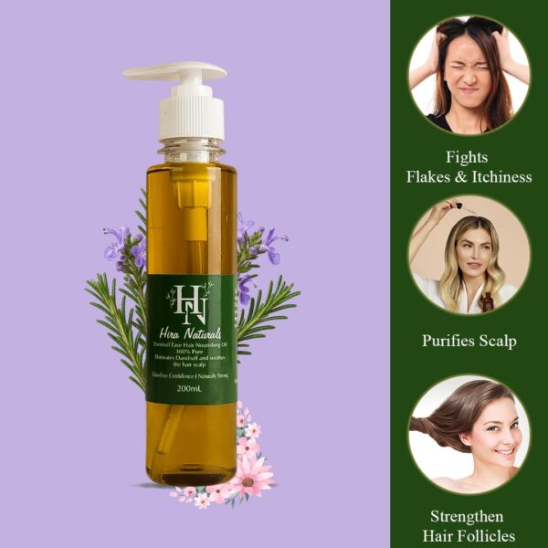 Bottle of Dandruff Ease Hair Nourishing Oil by Hira Naturals, shown with neem leaves, fenugreek, and rose petals, highlighting its herbal anti-dandruff properties.