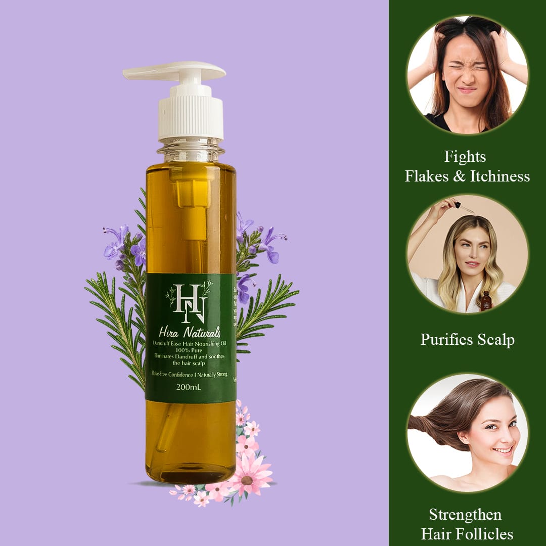 Bottle of Dandruff Ease Hair Nourishing Oil by Hira Naturals, shown with neem leaves, fenugreek, and rose petals, highlighting its herbal anti-dandruff properties.