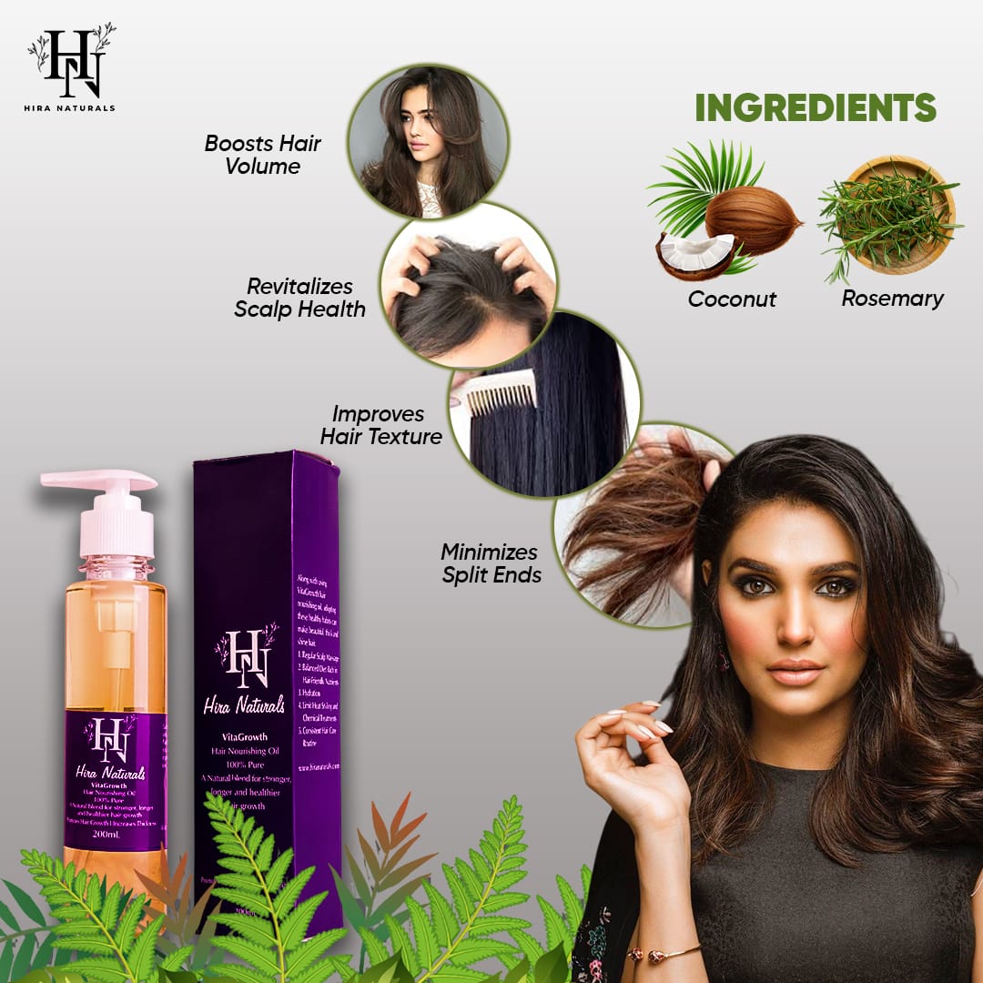 Bottle of Vitagrowth Hair Nourishing Oil by Hira Naturals, displayed with coconut, olive, blackseeds, and rosemary, highlighting its herbal hair growth benefits.
