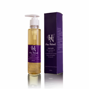 Bottle of Vitagrowth Hair Nourishing Oil by Hira Naturals, displayed with coconut, olive, blackseeds, and rosemary, highlighting its herbal hair growth benefits.