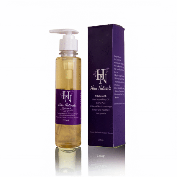 Bottle of Vitagrowth Hair Nourishing Oil by Hira Naturals, displayed with coconut, olive, blackseeds, and rosemary, highlighting its herbal hair growth benefits.